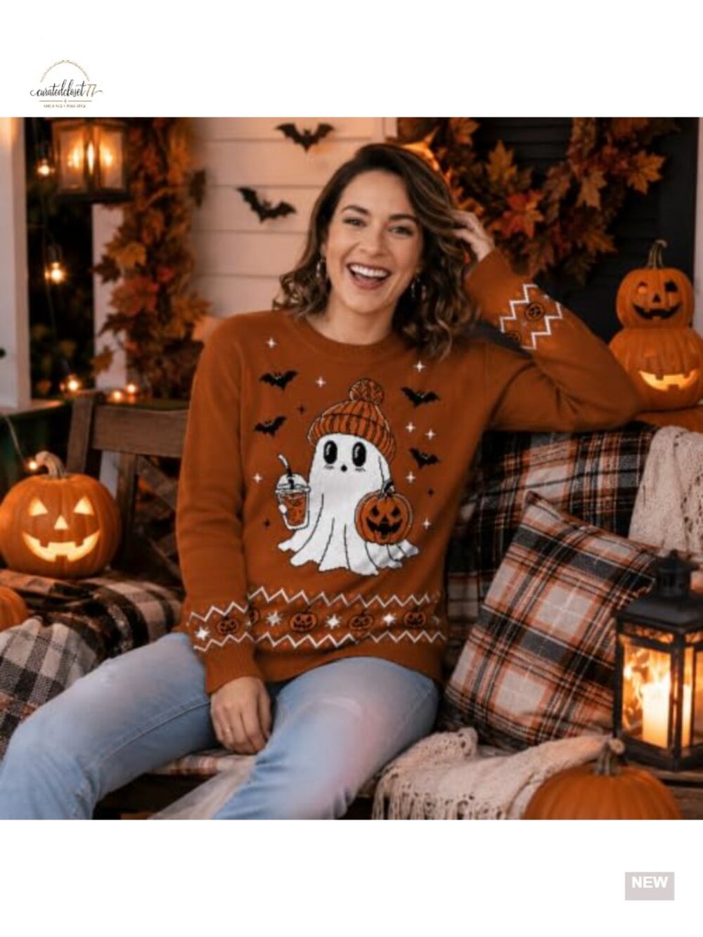 Women's Halloween Ghost Pumpkin Knit Pullover Sweater Crewneck - Picture 4 of 5